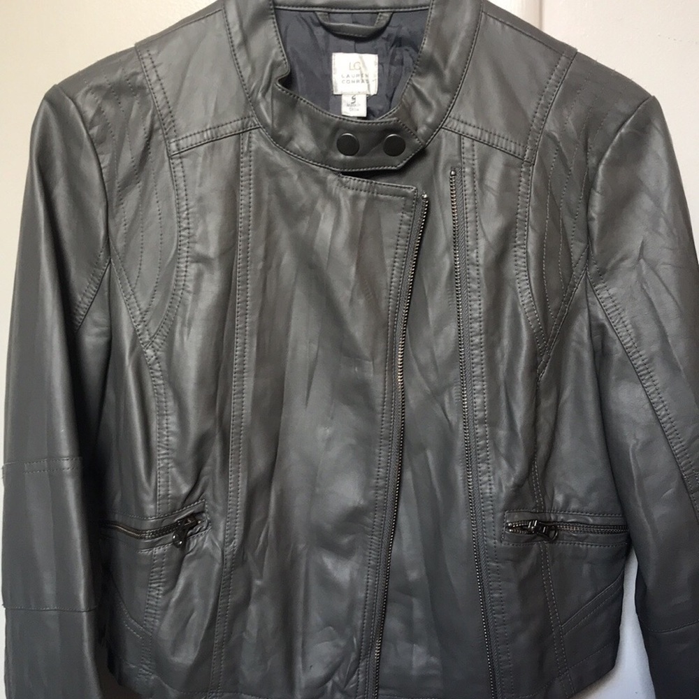 Lauren Conrad grey faux leather moto jacket